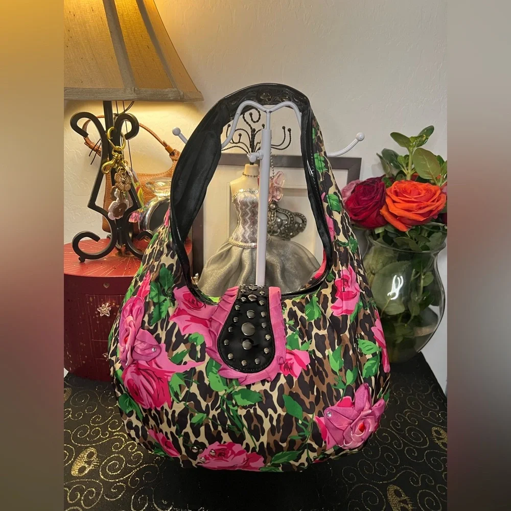 Betsey Johnson Betseyville Floral and Leopard Print Nylon Shoulder Bag